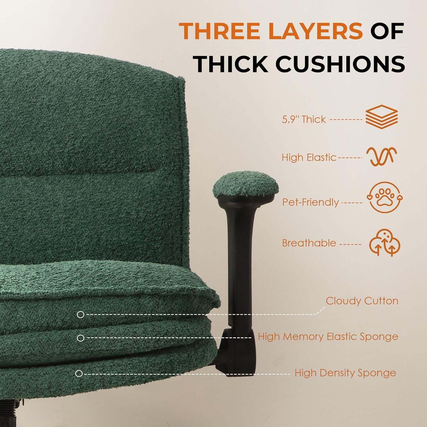 Dowinx Criss Cross Chair with Adjustable Flip-up Arms and Wheels, Comfort Ergonomic Office Desk Armchair with 3 Layer Cushions, Wide Seat Vanity Chair for Home Office, Living Room, Bedroom, Green