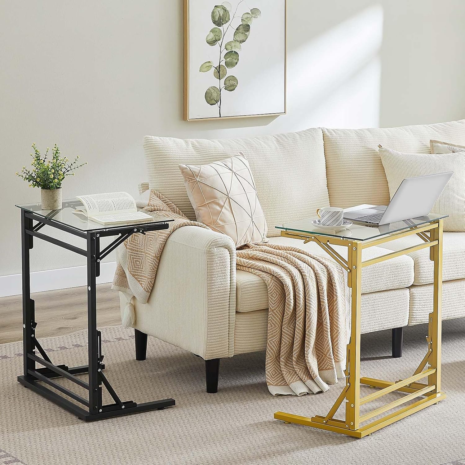 Tatub 24" Folding C Shaped End Table, Small Tempered Glass Side Table for Couch or Bed, Foldable TV Tray Laptop Desk with Gold Metal Frame