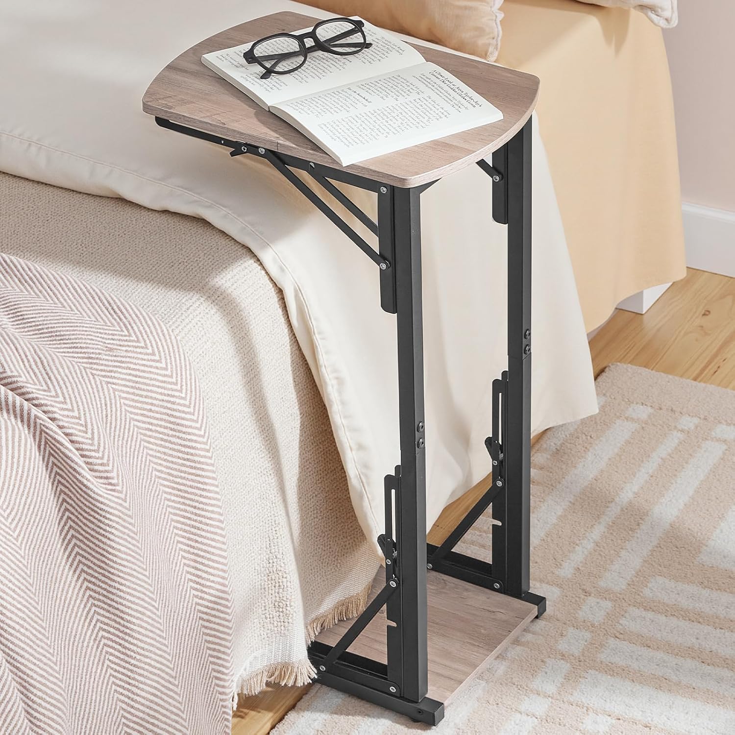 Folding C-Shaped End Table, Side Table for Couch, TV Tray Table for Small Spaces, Small Couch Side Table That Slide Under Sofa Bed, Living Room, Bedroom, Bedside, Rustic Brown ETHR4101