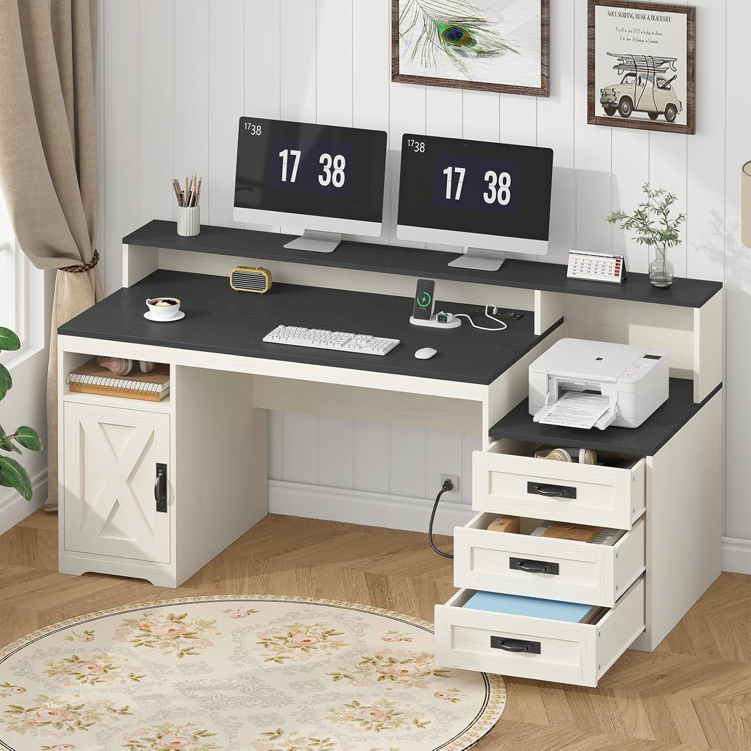 TVU Farmhouse Computer Desk with Drawers, 65'' Home Office Desk with Power Outlets, Storage Cabinet and Printer Stand, Study Writing Desks with Long Monitor Stand, White