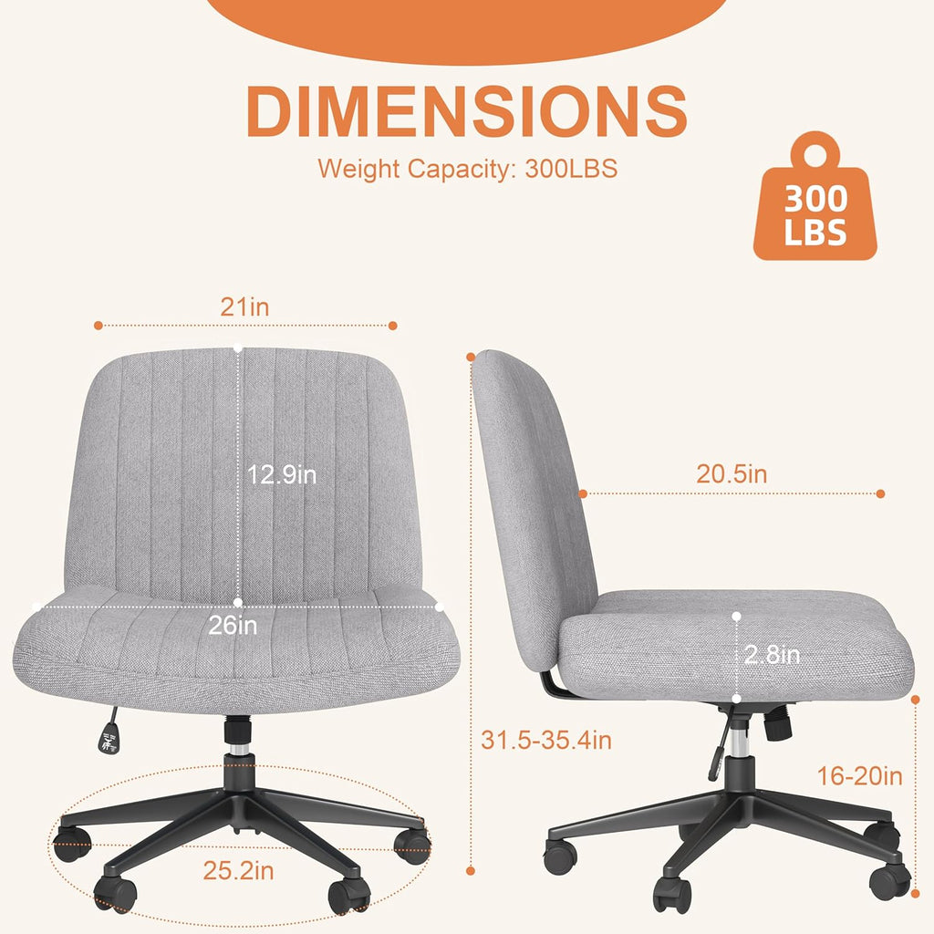 Shintenchi Criss Cross Chair,Cross Legged Office Seat with Wheels Armless Swivel Vanity Chair,Height Adjustable Wide Computer Task Seating for Home Office,Grey ﻿