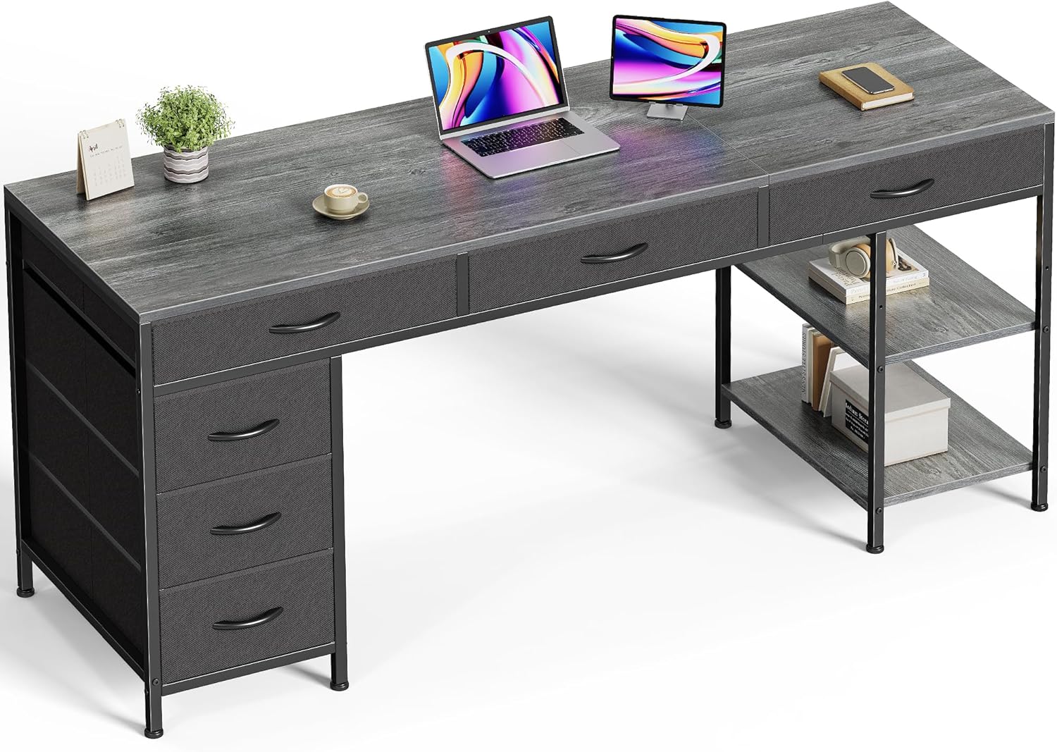 Huuger Computer Desk with 6 Drawers, 47 Inch Office Desk with Shelves, Reversible Gaming Desk, Corner Desk with Storage, Work for Home Office, Study, Living Room, Rustic Brown