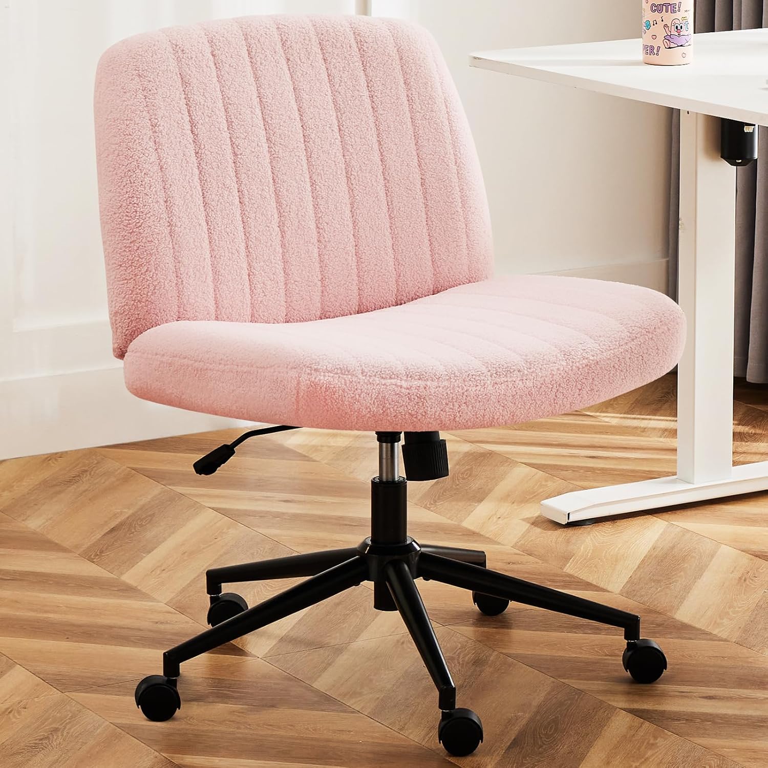 DUMOS Desk Chair No Wheels, Criss Cross Chair Wide Cross Legged Office Desk Vanity Chair, PU Leather Armless Adjustable Swivel Chairs for Home Computer Task Beige