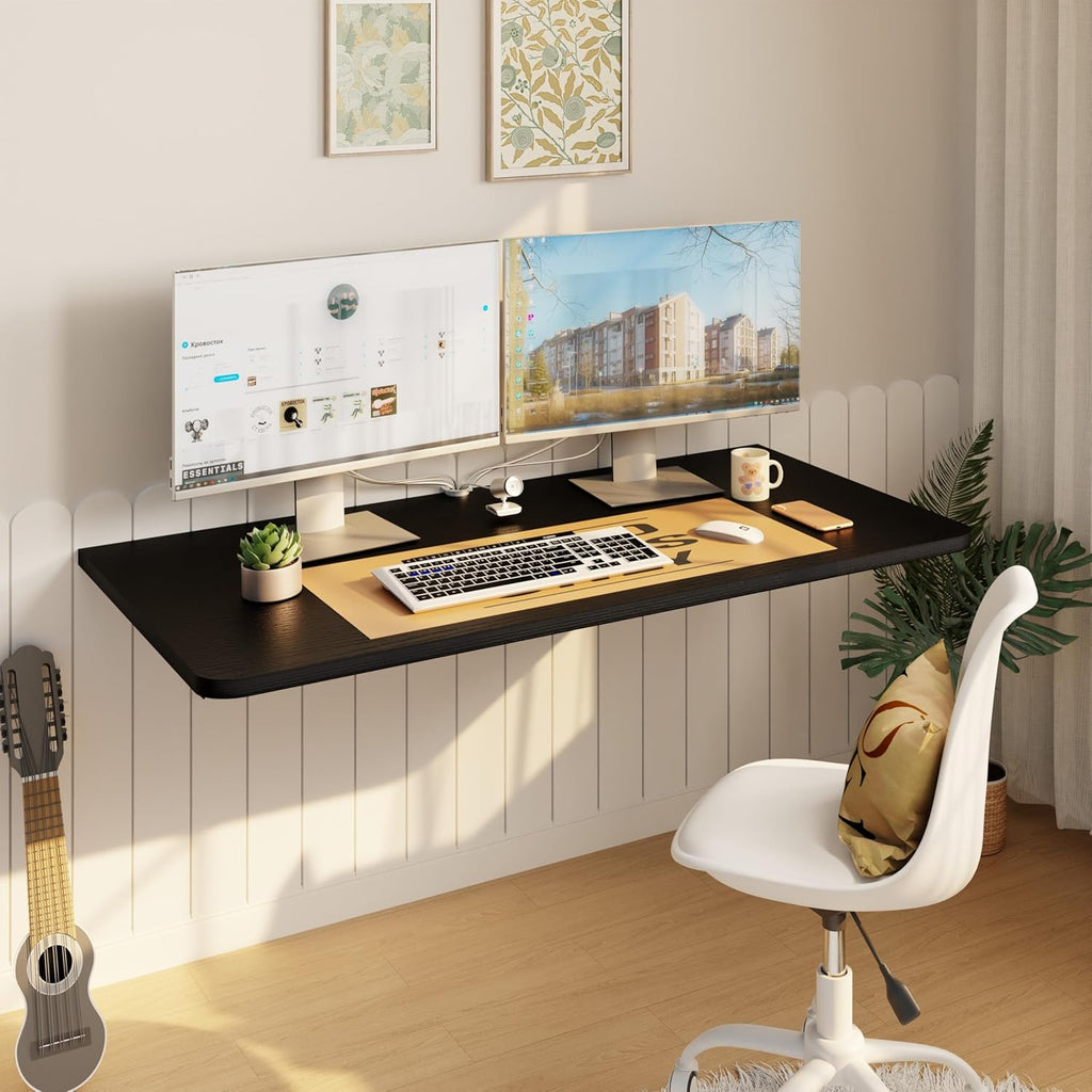 IAE Wall Mounted Floating Foldable Desk, 36" x 22" Folding Computer Workstation Table with Engineered Wood and Metal Shelf Brackets,Fold&Floating Design for Home Office, Small Rooms,Work Setups,White