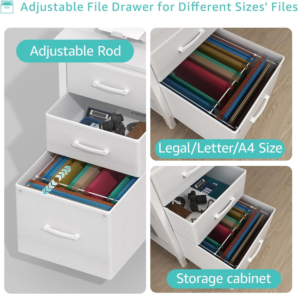 Lufeiya White Desk with Fabric File Drawers Cabinet, 47 Inch Reversible Computer Desk with Filing Cabinet for Bedroom Small Space Home Office, Modern Writing Table PC Desks, White