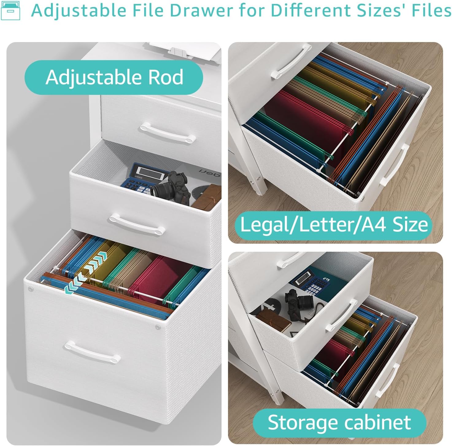 Lufeiya White Desk with Fabric File Drawers Cabinet, 47 Inch Reversible Computer Desk with Filing Cabinet for Bedroom Small Space Home Office, Modern Writing Table PC Desks, White