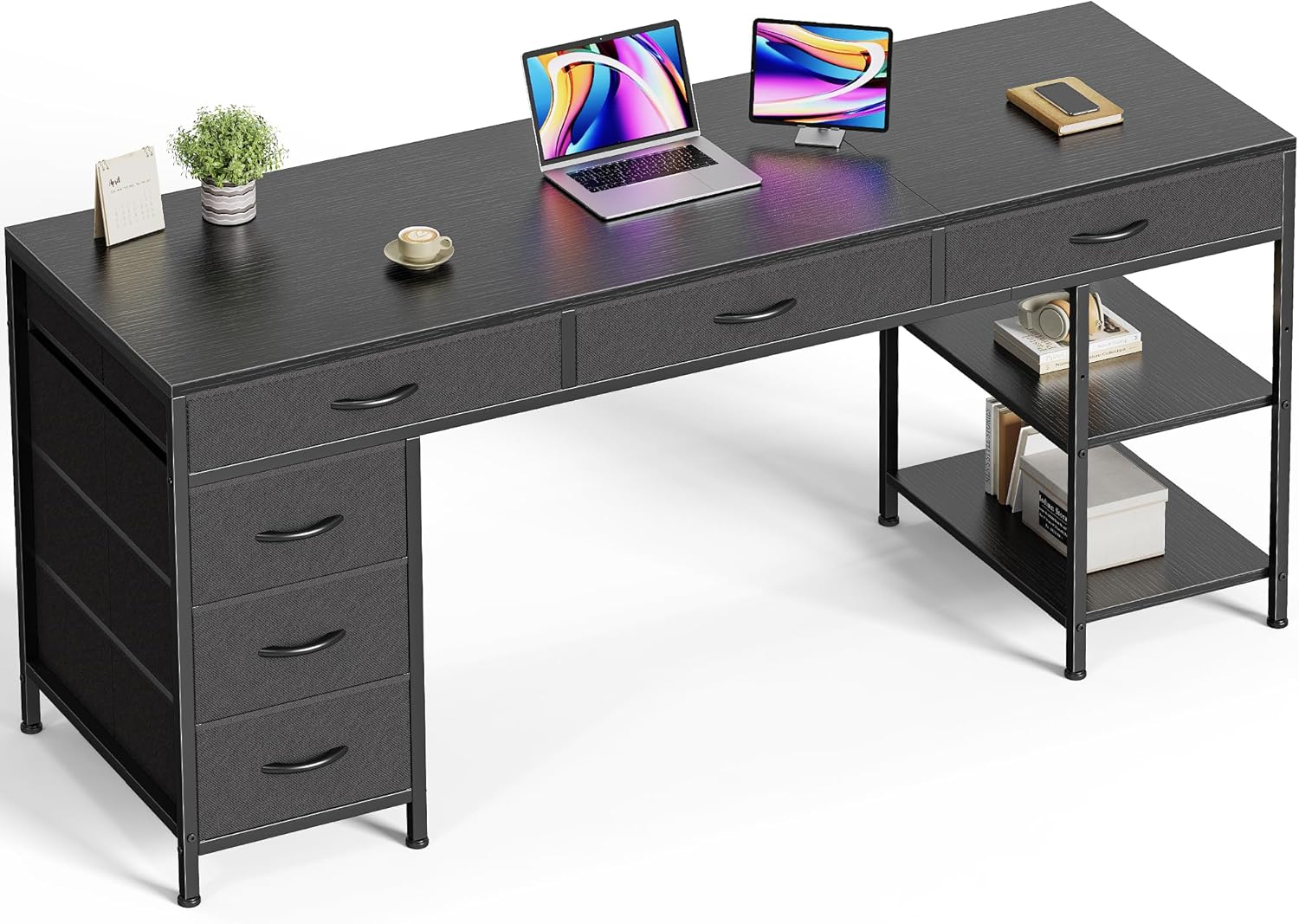 Huuger Computer Desk with 6 Drawers, 47 Inch Office Desk with Shelves, Reversible Gaming Desk, Corner Desk with Storage, Work for Home Office, Study, Living Room, Rustic Brown