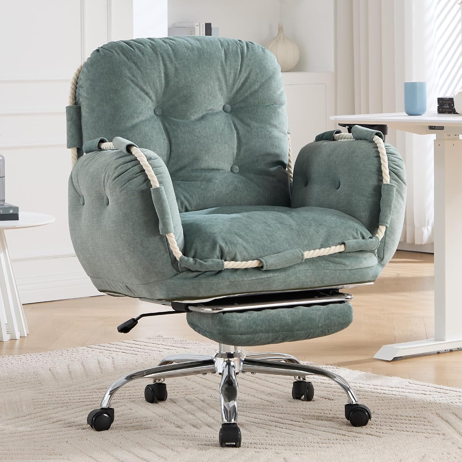 Comfortable Criss Cross Office Chair with Foot Rest Flip Armrests Cross Legged Office Chairs for Women Reclining Office Chair Desk Chair Comfy Vanity Chair with Back and Wheels Green