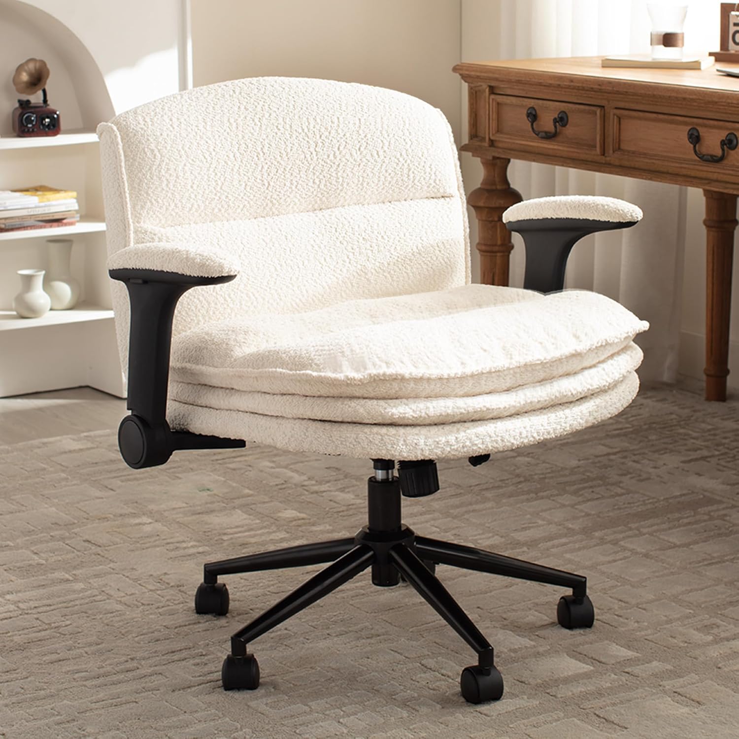 Dowinx Criss Cross Chair with Adjustable Flip-up Arms and Wheels, Comfort Ergonomic Office Desk Armchair with 3 Layer Cushions, Wide Seat Vanity Chair for Home Office, Living Room, Bedroom, Green