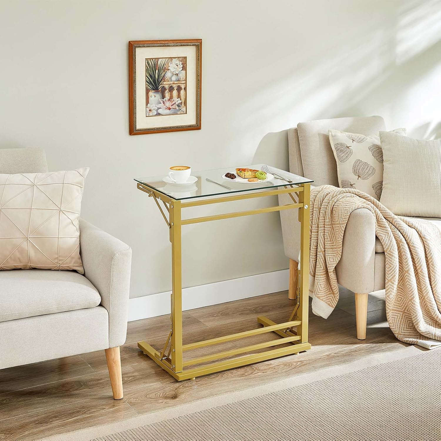 Tatub 24" Folding C Shaped End Table, Small Tempered Glass Side Table for Couch or Bed, Foldable TV Tray Laptop Desk with Gold Metal Frame