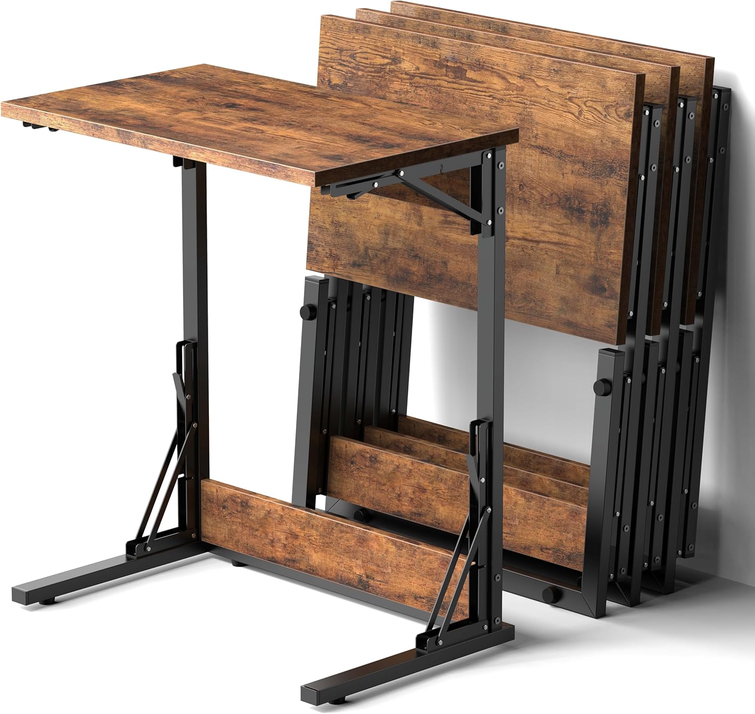 Tatub 24" Folding C Shaped End Table, Small Sofa Side Laptop Desk, Couch TV Tray Table for Living Room, Bedroom, Rustic Brown