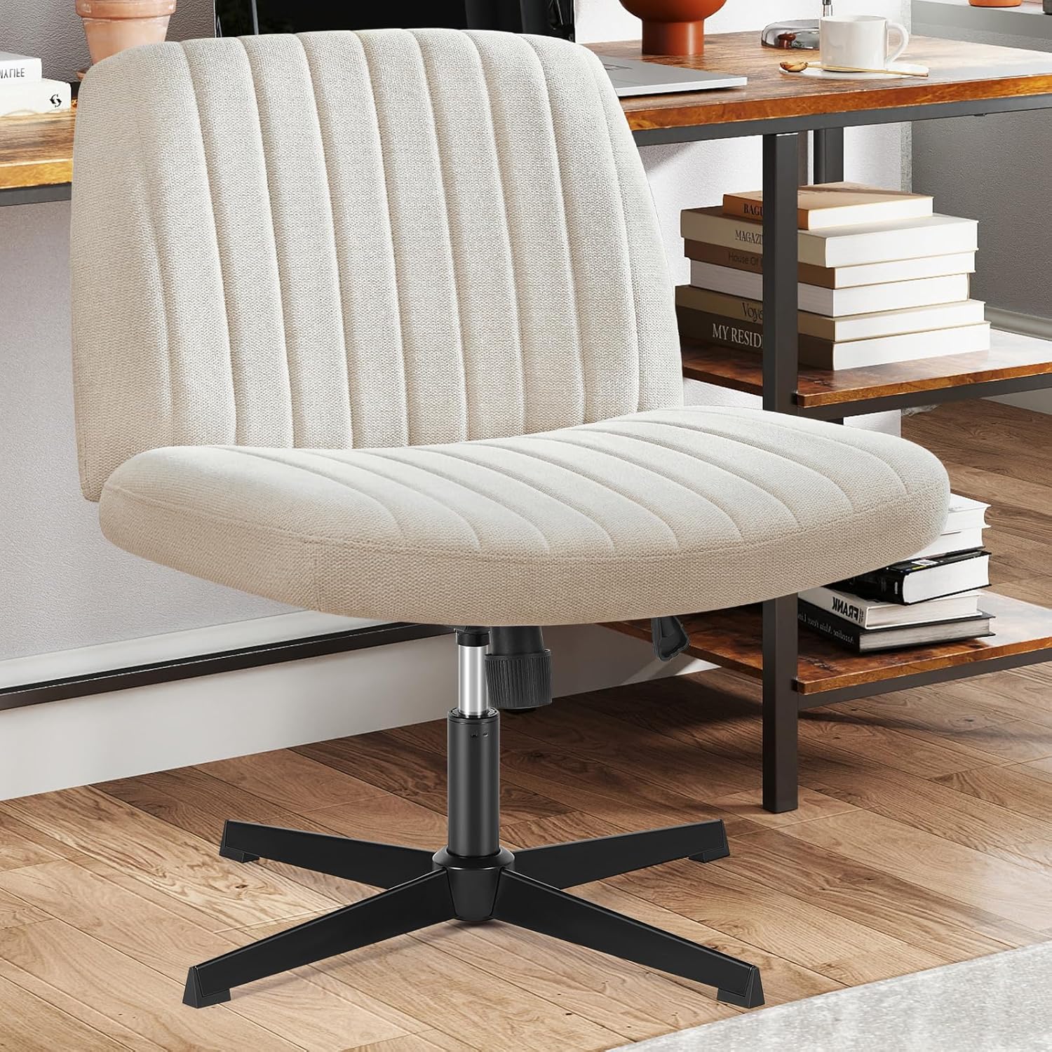 Sweetcrispy Criss Cross Chair Legged, Armless Office Swivel Desk Chair No Wheels, Vanity Height Adjustable Wide Seat Faux Leather Computer Task Seating for Home Bedroom