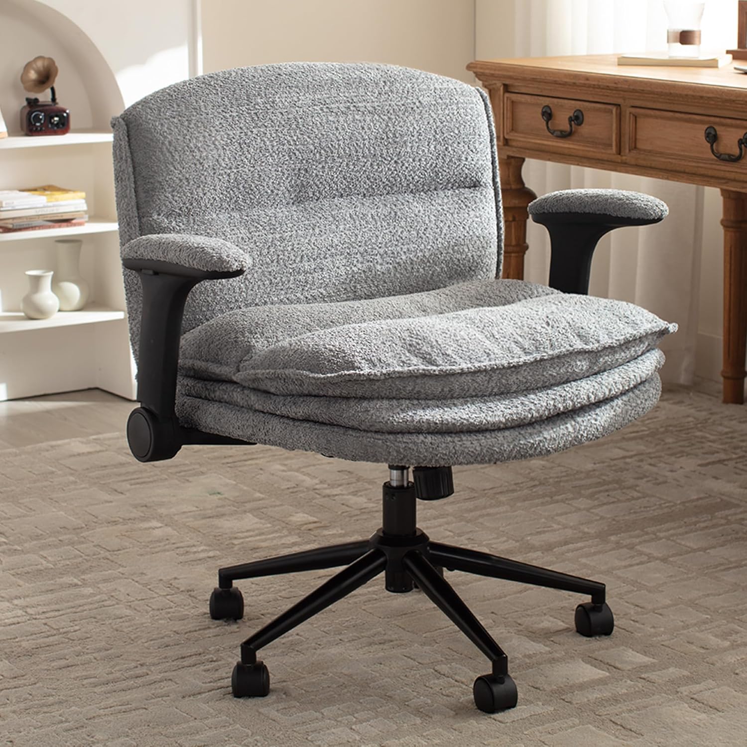 Dowinx Criss Cross Chair with Adjustable Flip-up Arms and Wheels, Comfort Ergonomic Office Desk Armchair with 3 Layer Cushions, Wide Seat Vanity Chair for Home Office, Living Room, Bedroom, Green