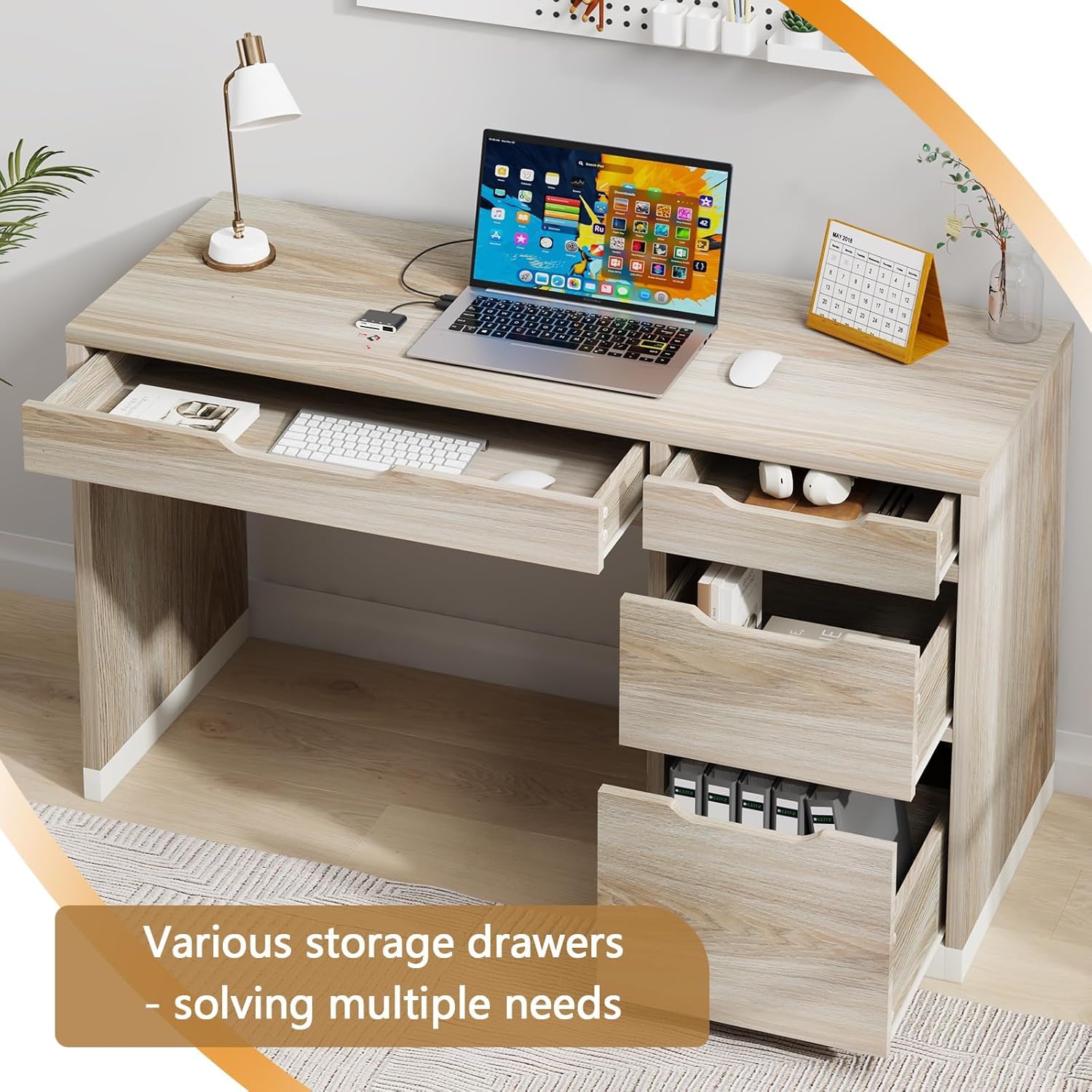 52 Inch Desk with 4 Drawers, Computer Desk with Storage File Cabinet for Bedroom, Small Office Desk with Storage for Small Space, White and Walnut