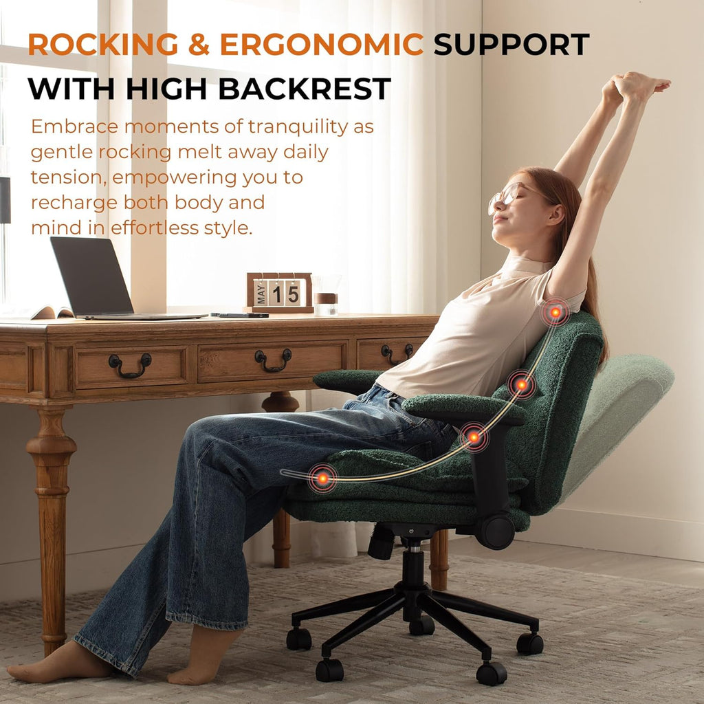 Dowinx Criss Cross Chair with Adjustable Flip-up Arms and Wheels, Comfort Ergonomic Office Desk Armchair with 3 Layer Cushions, Wide Seat Vanity Chair for Home Office, Living Room, Bedroom, Green