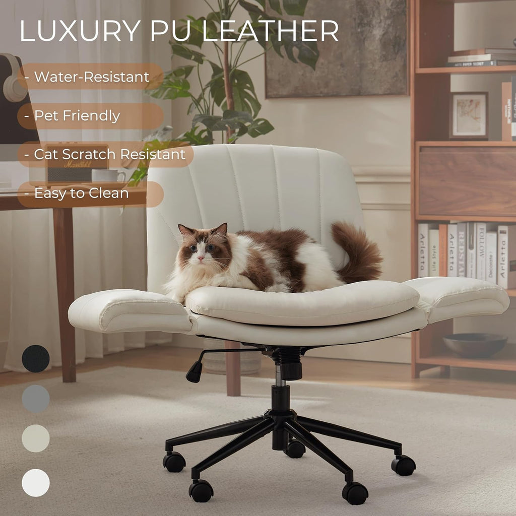 Dowinx Criss Cross Chair with Five-Level Adjustable Arms and Wheels - Comfortable Ergonomic PU Leather Swivel Vanity Chair - Computer Makeup Gaming Chair for Home Office, Bedroom, Vanity Room (Beide)