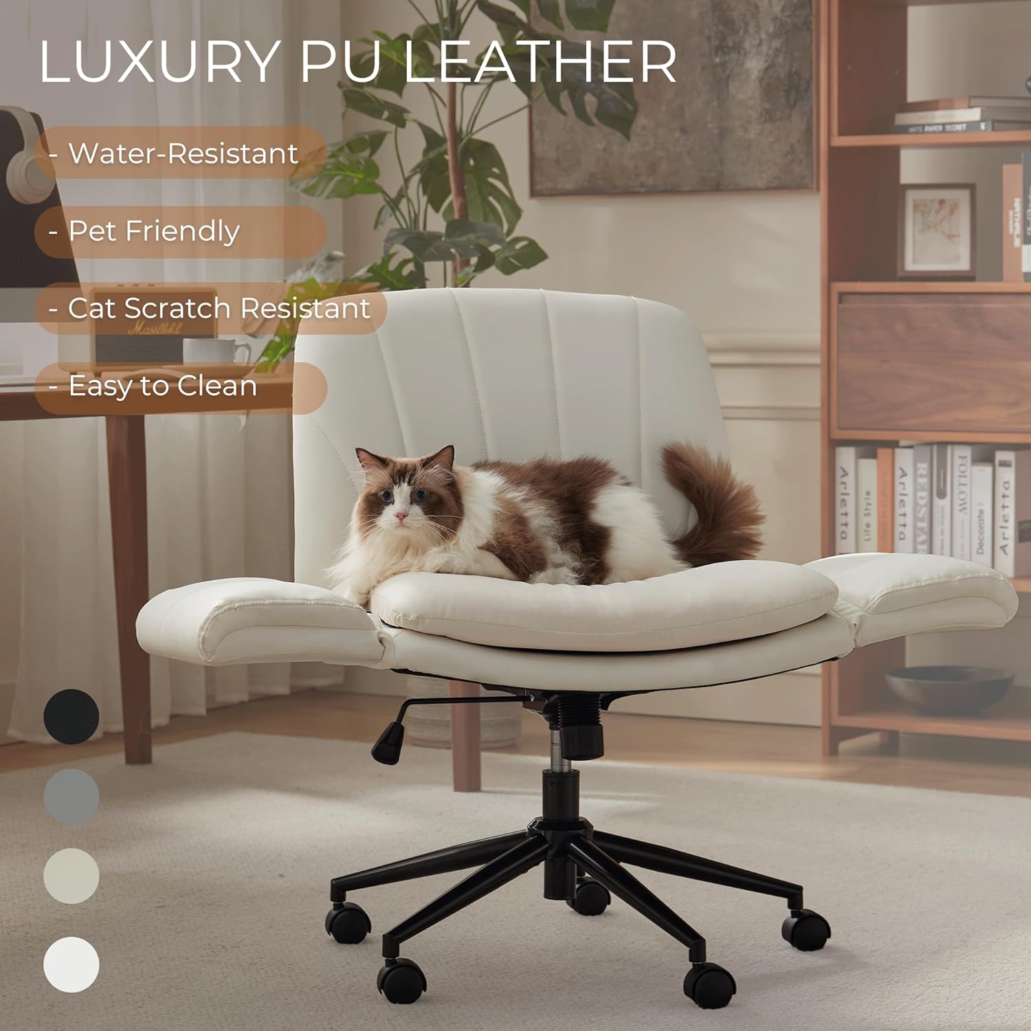 Dowinx Criss Cross Chair with Five-Level Adjustable Arms and Wheels - Comfortable Ergonomic PU Leather Swivel Vanity Chair - Computer Makeup Gaming Chair for Home Office, Bedroom, Vanity Room (Beide)