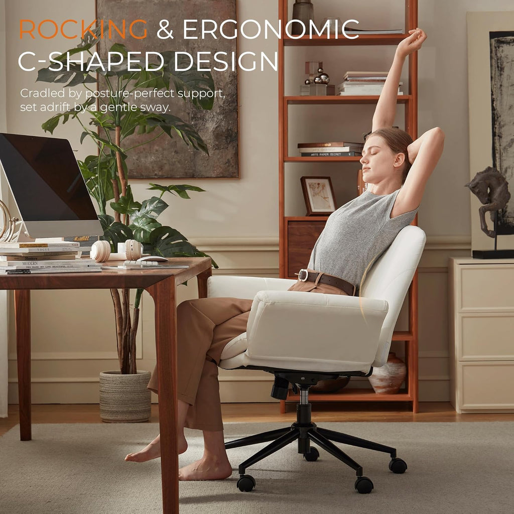 Dowinx Criss Cross Chair with Five-Level Adjustable Arms and Wheels - Comfortable Ergonomic PU Leather Swivel Vanity Chair - Computer Makeup Gaming Chair for Home Office, Bedroom, Vanity Room (Beide)