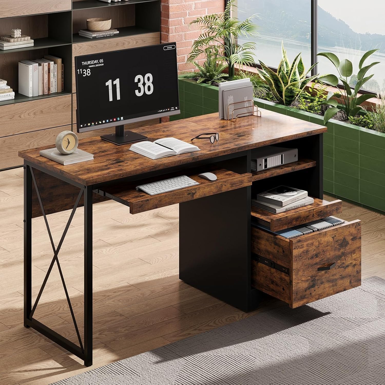 Bestier 47" Office Desk with Drawers, Industrial Computer Desk with Drawer, Reversible Teacher Desk with Storage & Keyboard Tray for Small Space Home Office & Studio, Gray Wash