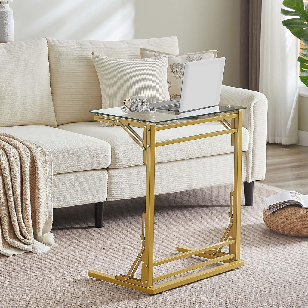 Tatub 24" Folding C Shaped End Table, Small Tempered Glass Side Table for Couch or Bed, Foldable TV Tray Laptop Desk with Gold Metal Frame