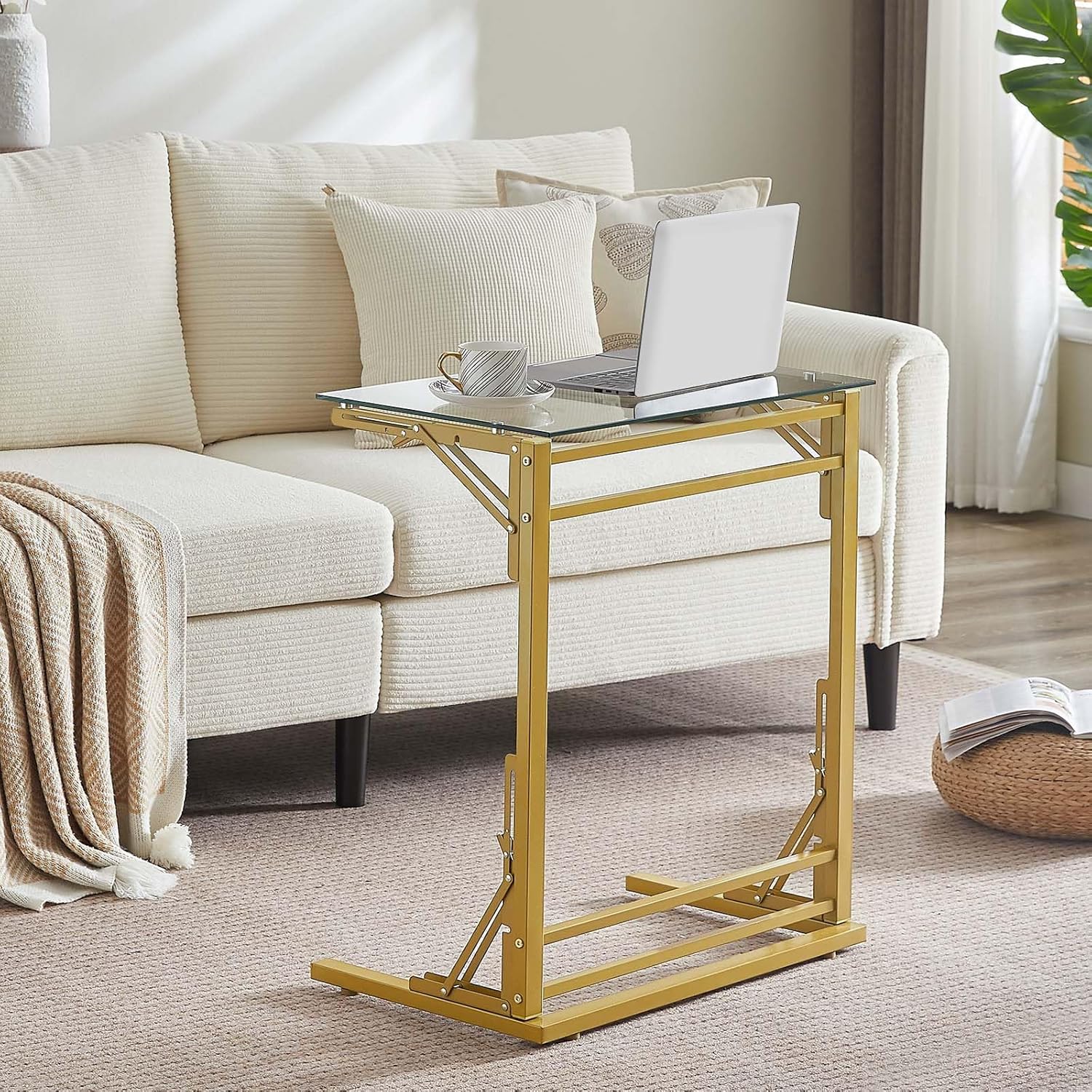 Tatub 24" Folding C Shaped End Table, Small Tempered Glass Side Table for Couch or Bed, Foldable TV Tray Laptop Desk with Gold Metal Frame