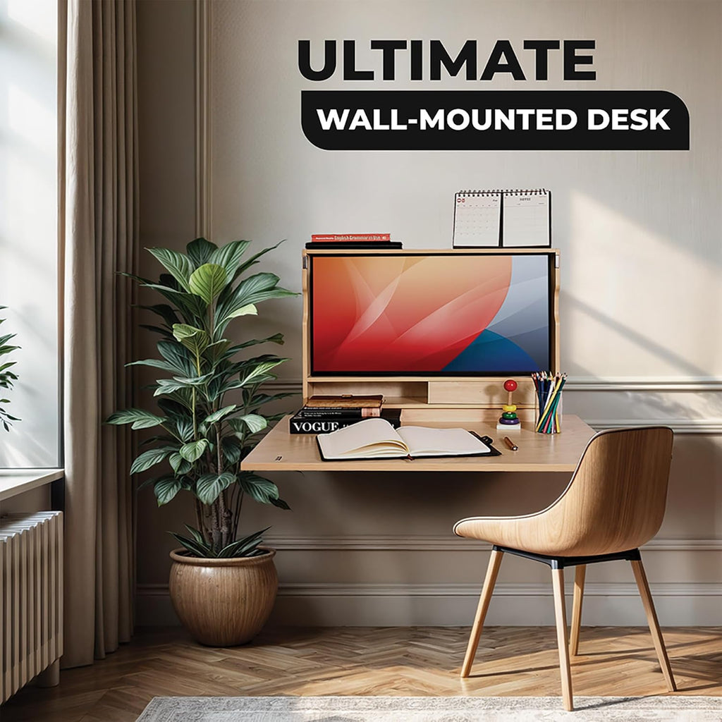 Wall Mounted Working Desk Folding 31 Inches, Space Saving Floating Desk for Small Spaces, Computer Table with Storage Shelf, Foldable Study Desk for Bedroom, Apartment, Home Office