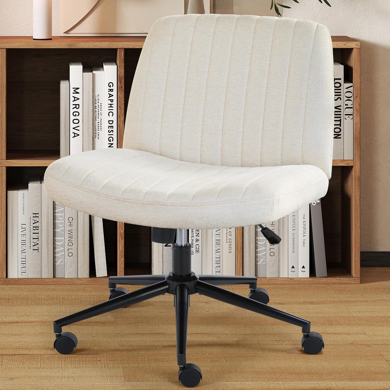 OLIXIS Criss Cross Chair with Wheels Wide Cross Legged Office Desk Vanity Chair Comfy Fabric Armless Adjustable Swivel for Home Computer Task Fabric Beige