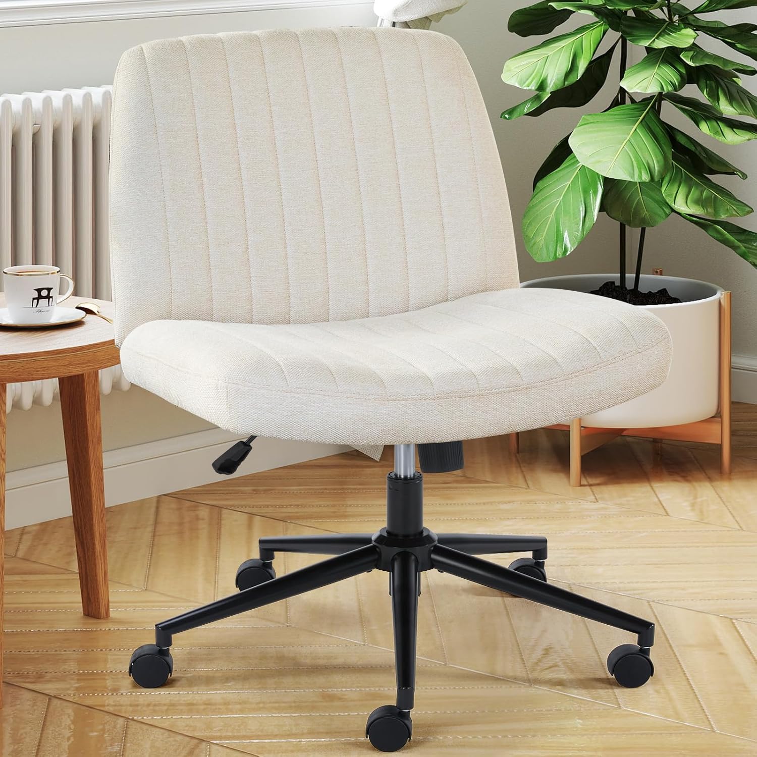 DUMOS Desk Chair No Wheels, Criss Cross Chair Wide Cross Legged Office Desk Vanity Chair, PU Leather Armless Adjustable Swivel Chairs for Home Computer Task Beige