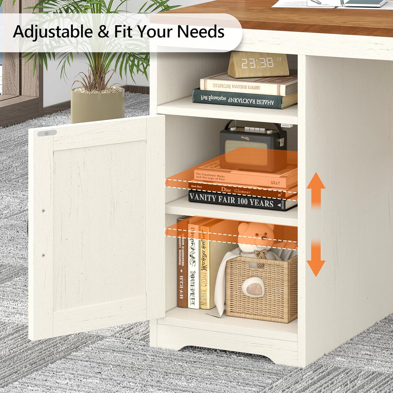 TVU Farmhouse Computer Desk with Drawers, 65'' Home Office Desk with Power Outlets, Storage Cabinet and Printer Stand, Study Writing Desks with Long Monitor Stand, White