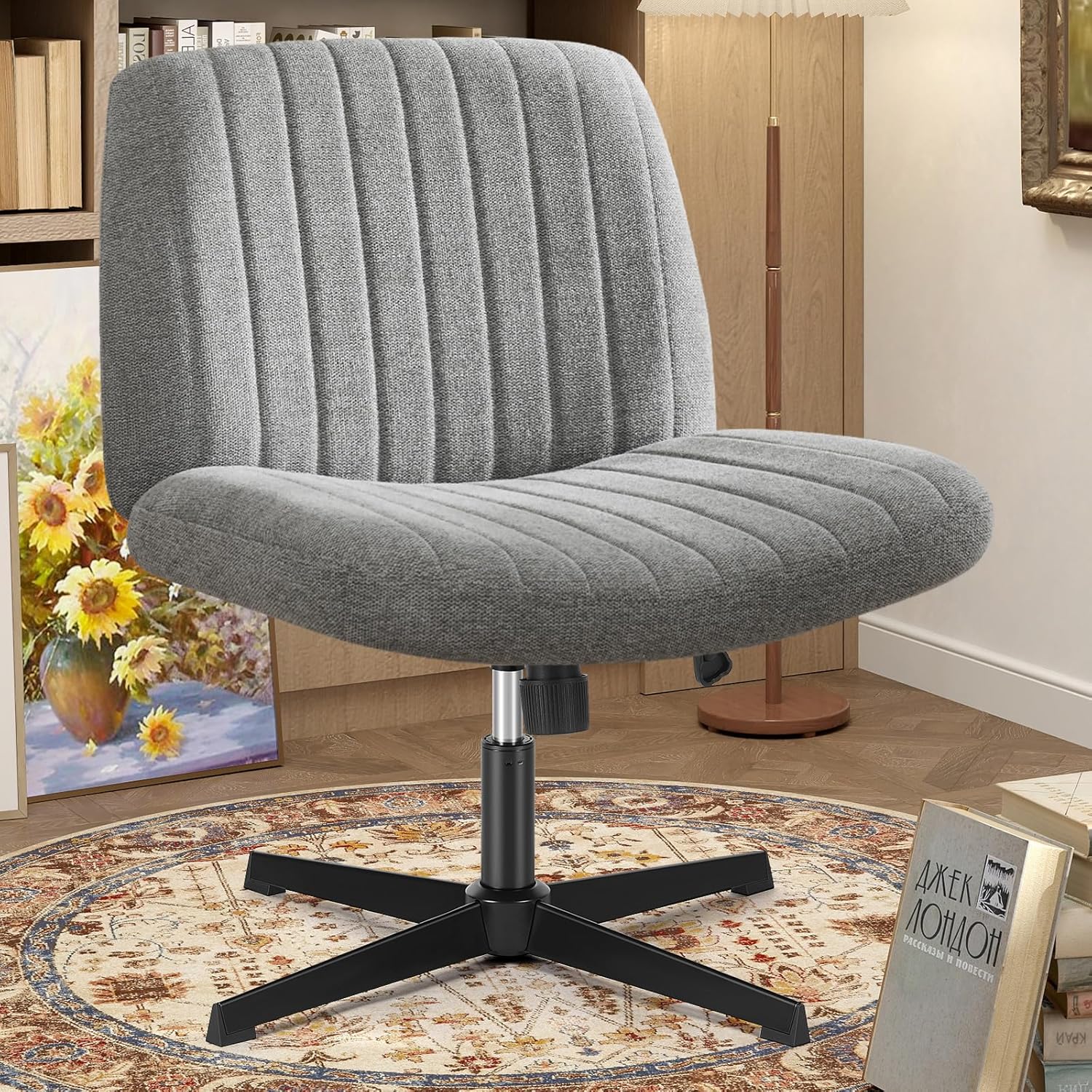 OLIXIS Criss Cross Chair with Wheels Wide Cross Legged Office Desk Vanity Chair Comfy Fabric Armless Adjustable Swivel for Home Computer Task Fabric Beige