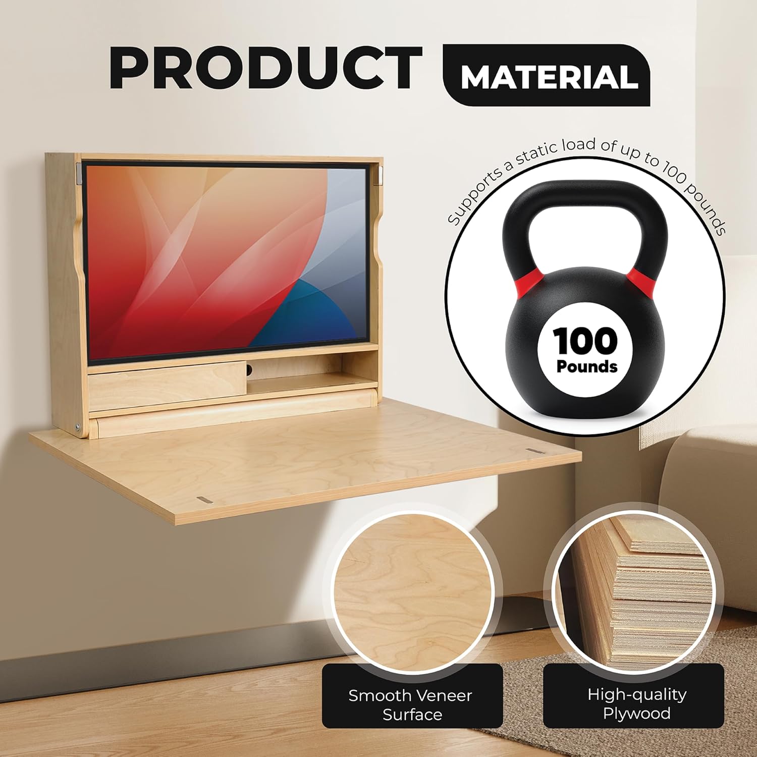 Wall Mounted Working Desk Folding 31 Inches, Space Saving Floating Desk for Small Spaces, Computer Table with Storage Shelf, Foldable Study Desk for Bedroom, Apartment, Home Office