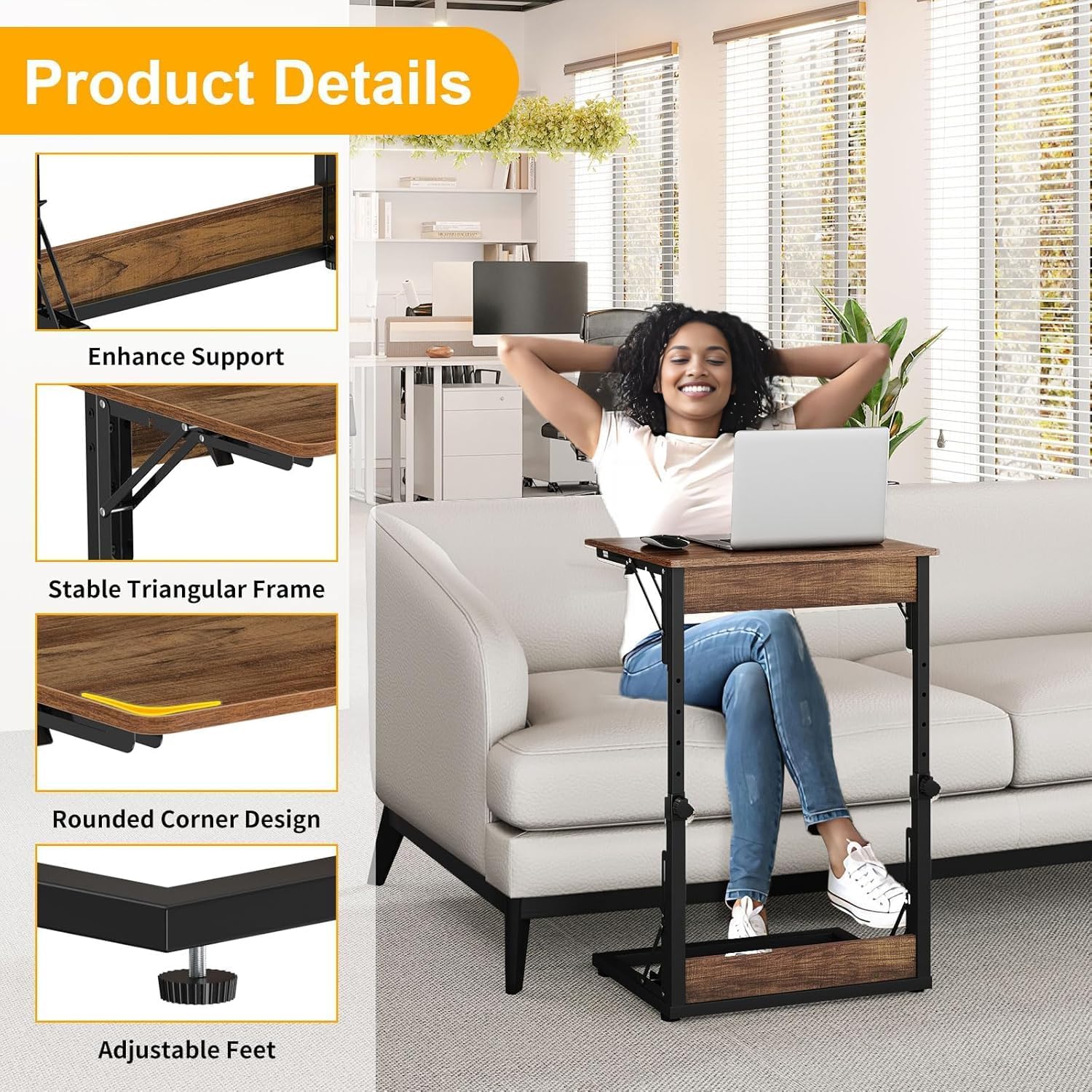 Snughome Adjustable TV Tray Table, 19.68''Lx14.96''W Foldable C-Shaped End Table for Couch, Folding TV Tray with 6 Height for Eating, Side Tables with Sturdy Metal Frame for Living Room, Bedroom