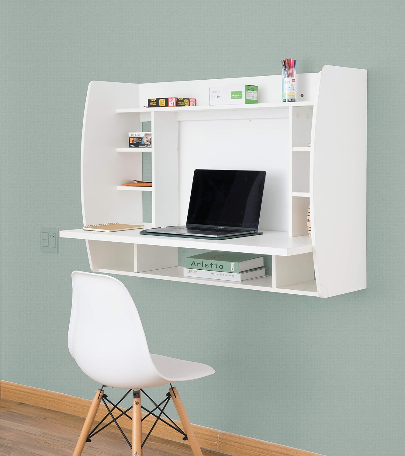 Versatile Wall Mount Floating Computer Desk - Stylish and Space-Saving Writing Study Table with Shelves - Ideal for Living Room, Bedroom, and Home Office, White