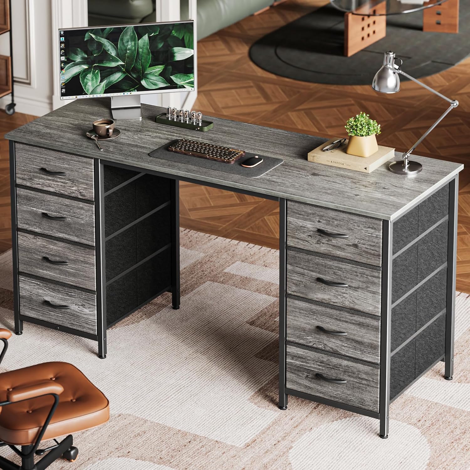 Huuger 47 Inch Computer Desk with 8 Fabric Drawers, Office Desk Work Desk for Home Office, Study, Gaming Desk with Drawers, Large Storage, Rustic Brown