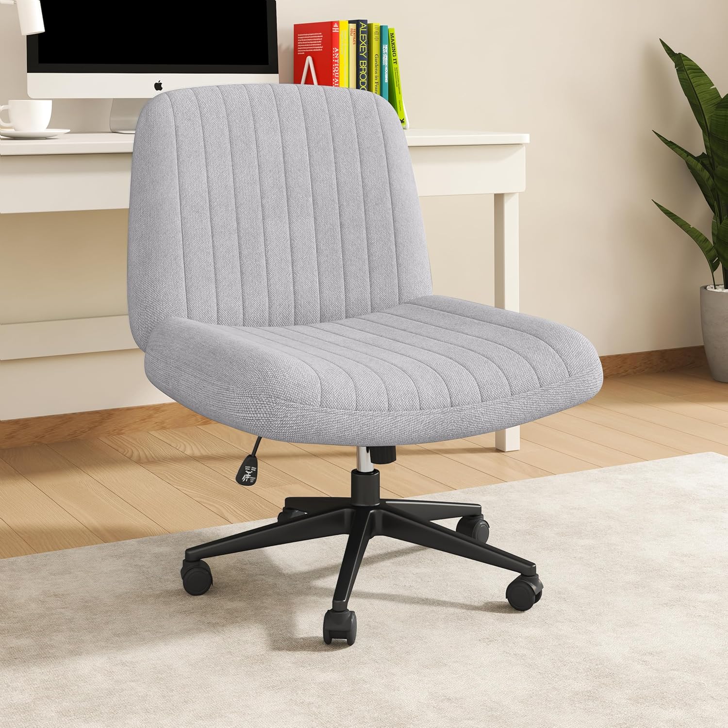 Shintenchi Criss Cross Chair,Cross Legged Office Seat with Wheels Armless Swivel Vanity Chair,Height Adjustable Wide Computer Task Seating for Home Office,Grey ﻿