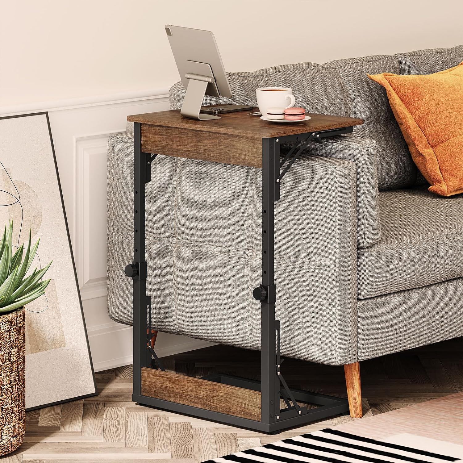 Snughome Adjustable TV Tray Table, 19.68''Lx14.96''W Foldable C-Shaped End Table for Couch, Folding TV Tray with 6 Height for Eating, Side Tables with Sturdy Metal Frame for Living Room, Bedroom