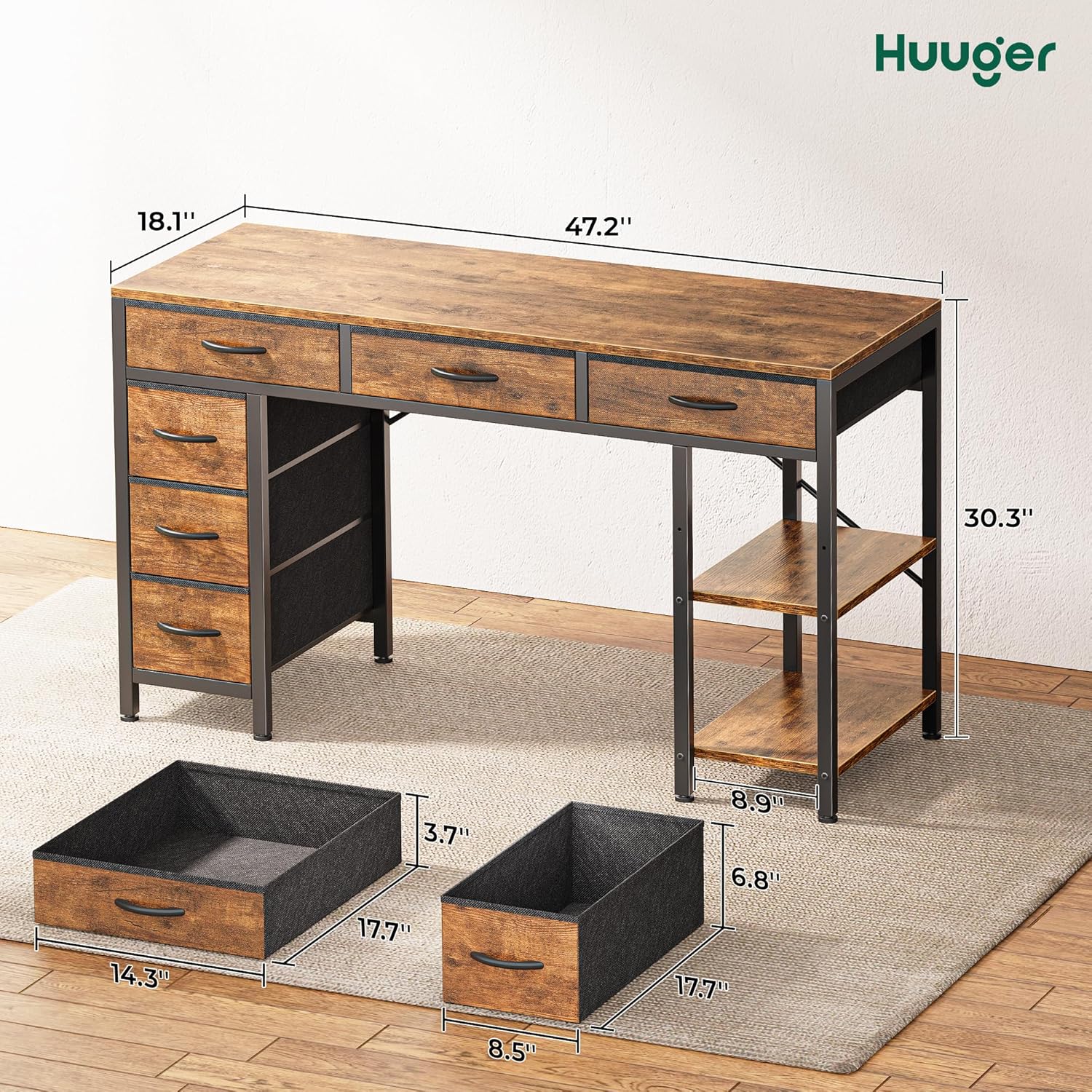 Huuger Computer Desk with 6 Drawers, 47 Inch Office Desk with Shelves, Reversible Gaming Desk, Corner Desk with Storage, Work for Home Office, Study, Living Room, Rustic Brown
