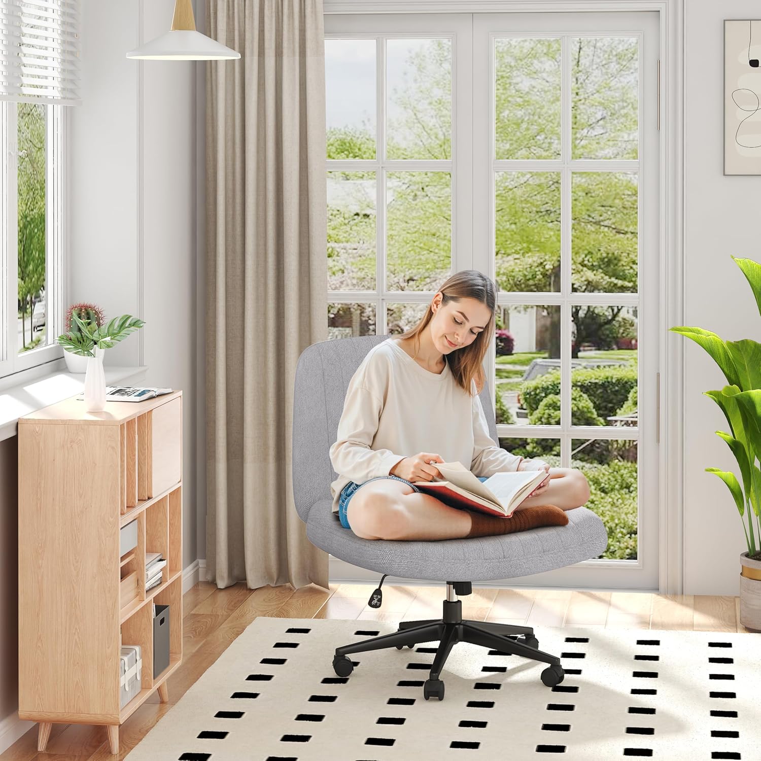 Shintenchi Criss Cross Chair,Cross Legged Office Seat with Wheels Armless Swivel Vanity Chair,Height Adjustable Wide Computer Task Seating for Home Office,Grey ﻿