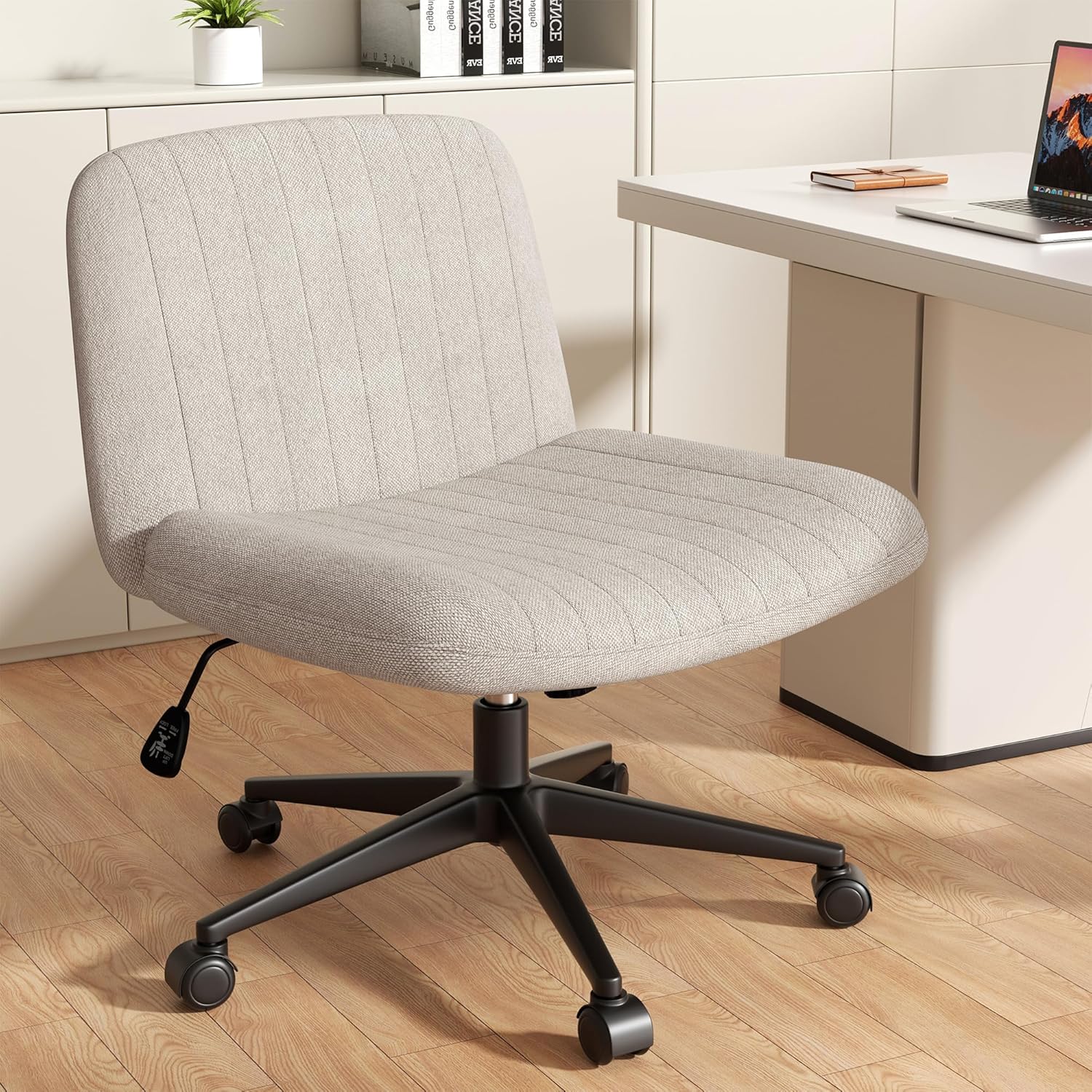 Shintenchi Criss Cross Chair,Cross Legged Office Seat with Wheels Armless Swivel Vanity Chair,Height Adjustable Wide Computer Task Seating for Home Office,Grey ﻿