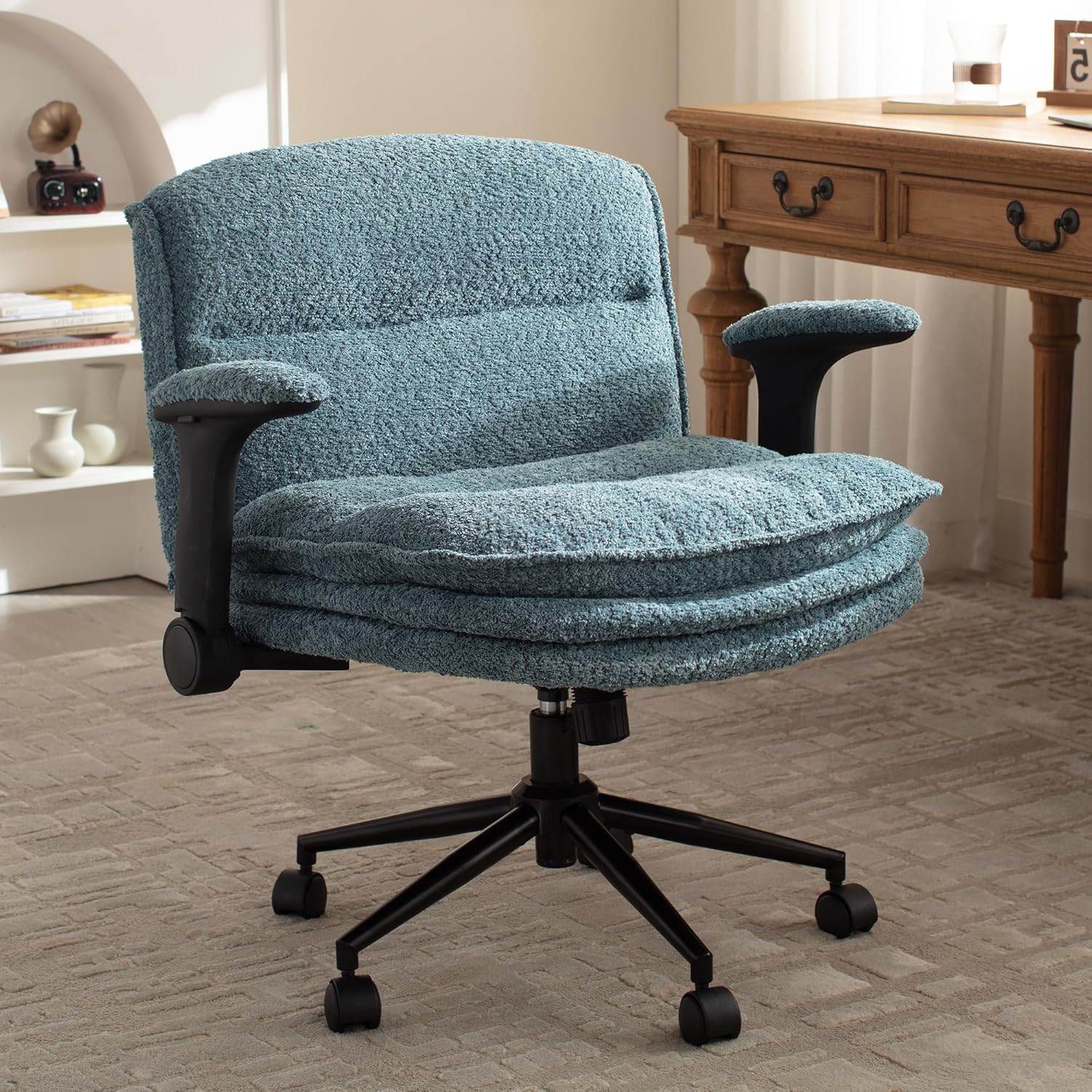 Dowinx Criss Cross Chair with Adjustable Flip-up Arms and Wheels, Comfort Ergonomic Office Desk Armchair with 3 Layer Cushions, Wide Seat Vanity Chair for Home Office, Living Room, Bedroom, Green