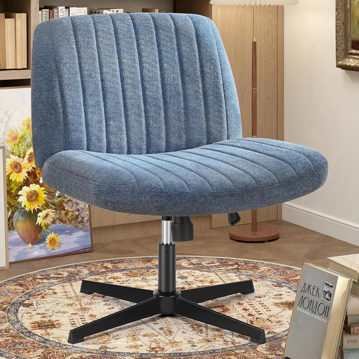 OLIXIS Criss Cross Chair with Wheels Wide Cross Legged Office Desk Vanity Chair Comfy Fabric Armless Adjustable Swivel for Home Computer Task Fabric Beige