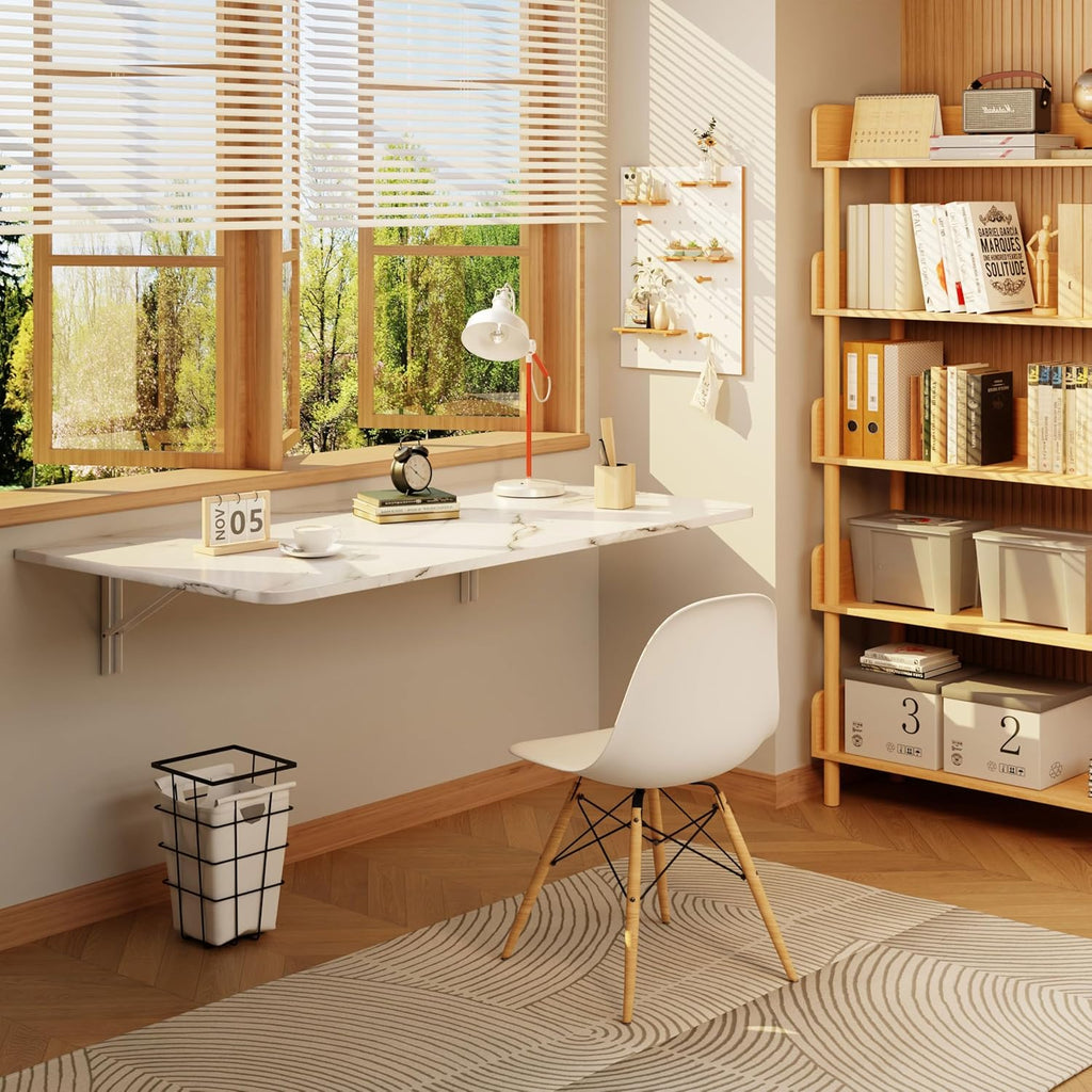 IAE Wall Mounted Floating Foldable Desk, 36" x 22" Folding Computer Workstation Table with Engineered Wood and Metal Shelf Brackets,Fold&Floating Design for Home Office, Small Rooms,Work Setups,White